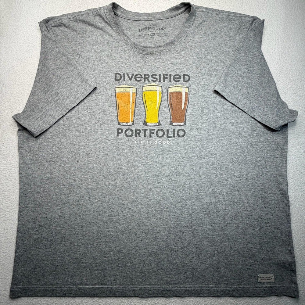 Life is Good T-Shirt‎ Mens XXXL 3XL Gray Diversified Portfolio Beer Crusher Tee